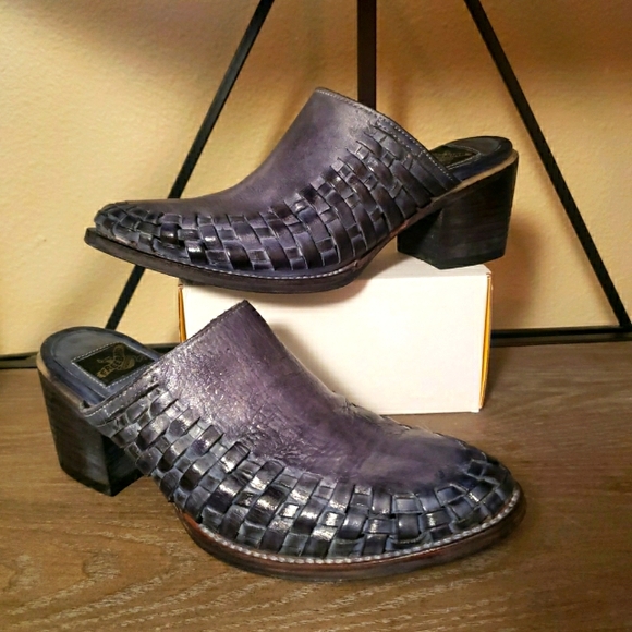 Freebird by Steven Shoes - Freebird by Steven Woven Leather Sofia Mules Clogs Heel Blue Grey Size 8